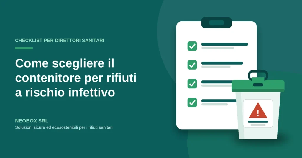 Grafica della checklist Neobox per Direttori Sanitari su come scegliere il contenitore per rifiuti a rischio infettivo.